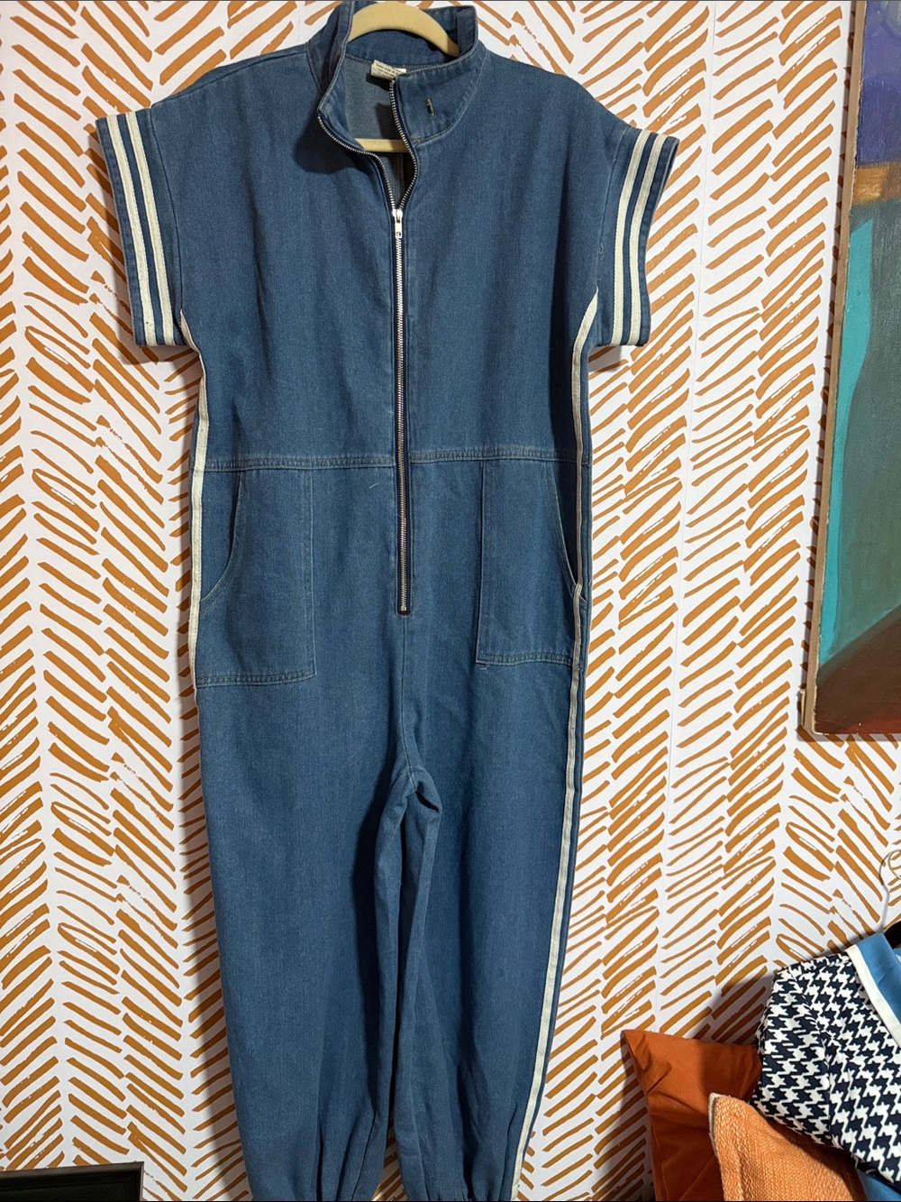 Women’s Denim-Blue Short-Sleeve Jumpsuit with Stripe Trim